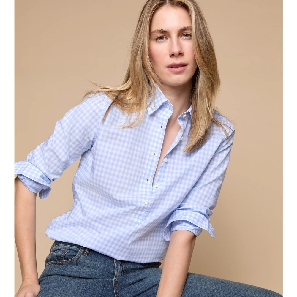 Ann Mashburn Tomboy Popover Shirt Sky Blue Gingham Poplin Cotton Size Small